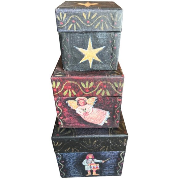 Vtg BOB'S BOXES Primitive Colors Nativity 3 Folk Art NESTING BOXES Angel, Dove - Picture 3 of 16